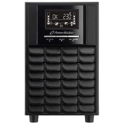PowerWalker VI 1500 CW UPS frontpanel med LCD-skærm og knapper på sort enhed med fødder.