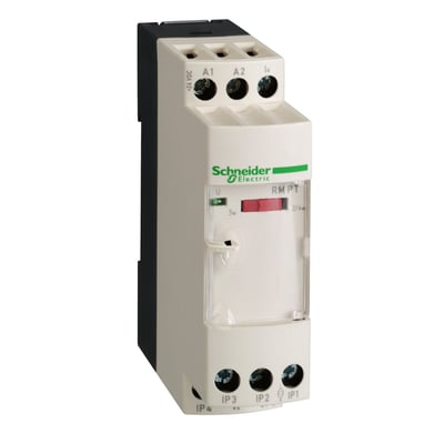 Schneider Electric Zelio temperaturtransmitter RMPT med mærket Schneider Electric i grønt og hvidt på en hvid baggrund.