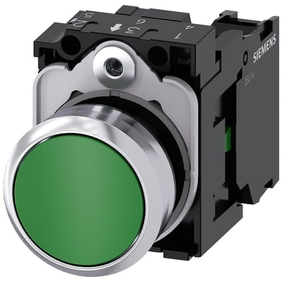 Siemens 22mm trykknap med rund, højglans metalramme og grøn trykflade.