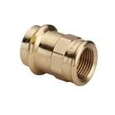 Nærbillede af Viega Profipress Gas overgangsmuffe i messing, med en 22 mm pres ende og en 1/2" indvendig gevind ende.