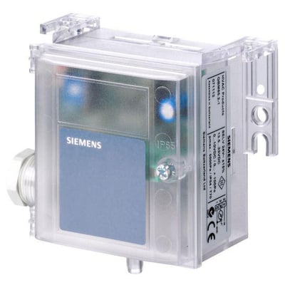 Siemens QBM3020-3 differenstrykmåler til luftkanaler med et måleområde på 0-300 Pa, vist i gennemsigtigt plasthus.