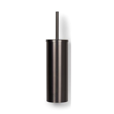 Elegant toiletbørste i gun metal finish med et stilrent design, præsenteret oprejst på en hvid baggrund med let skygge.