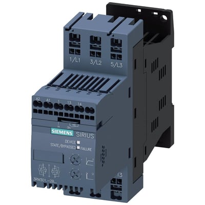 Siemens SIRIUS softstarter S00 til 3 kW motor, 6.5A, med fjederklemmer og mærkat der viser statusindikatorer og modelnummer.