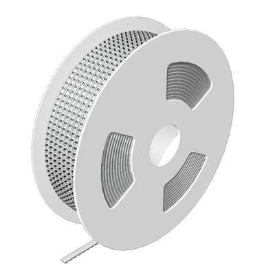 Weidmüller klemmemærke DEK 5/6 mm i hvid, vist som en lang mærkningsstrimmel rullet op på en spole.
