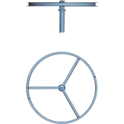 Teknisk illustration af rund travers OR/1100-103/01 i galvaniseret stål med cirkulær ramme, tre eger og mastetopbeslag.