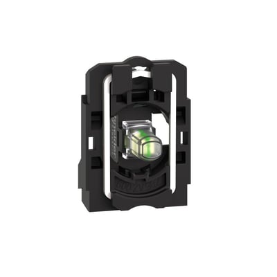 Schneider Electric universal lampekrop med integreret LED-modul, 12V AC/DC, isoleret på hvid baggrund, med synlig mærkning.