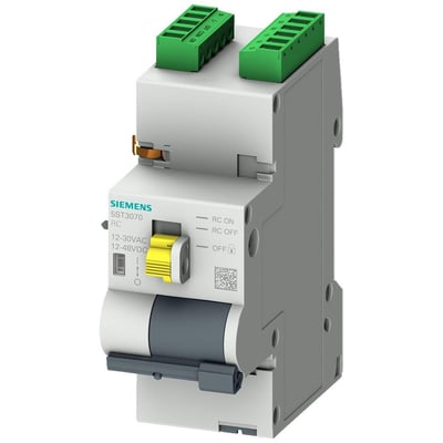 Siemens 5ST3 fjernbetjeningsmekanisme i grå og hvid med gule betjeningsdetaljer og grønne tilslutningsklemmer.