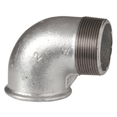Galvaniseret 90-graders vinkel til 1 1/2" rør med muffe på den ene side og udvendige gevind på den anden.