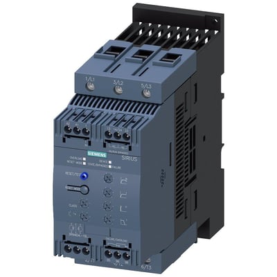 Siemens SIRIUS softstarter S3 med 80A og 55 kW effekt, med synlige skrueklemmer og kontrolknapper på mørkeblå enhed.