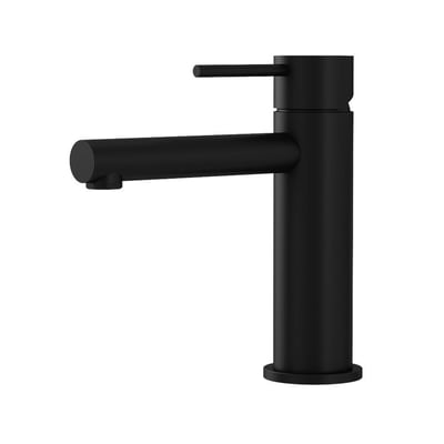 Lavabo Mira 155 RS PVD matsort håndvaskarmatur med cylindrisk krop, vandret tud og enkeltgreb, set skråt forfra.