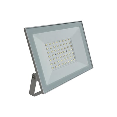 V-TAC 50W LED projektør med hvidt aluminiumshus, der står på et justerbart monteringsbeslag.