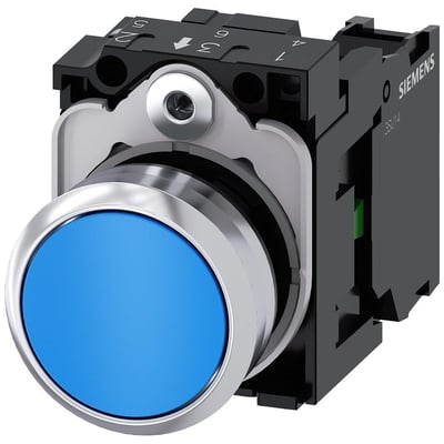 Siemens 22mm rund trykknap i metal med skinnende blå overflade og momentan kontakt.