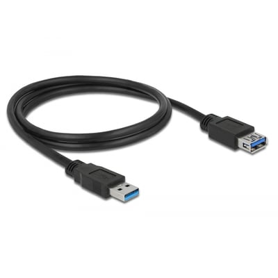 Sort Delock USB 3.0-forlængerkabel på 1 meter ligger i en løkke med begge USB-A-ender synlige.