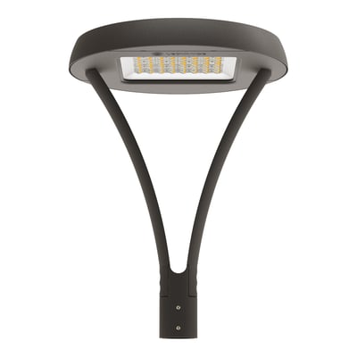 Gråt Ledvance Urban Flex post-top LED-armatur set skråt nedefra med synlige lysdioder under det runde armaturhoved.