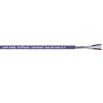 Lapp Unitronic Bus DN Thin FD P kabel med lilla mærkning og synlige interne ledninger på hvid baggrund.