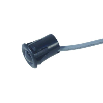 Carlo Gavazzi fotoaftaster MPFR-4 i sort plast med rund front og tilsluttet kabel, set skråt forfra.