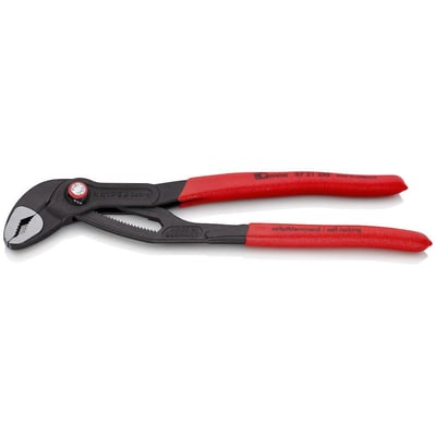 Tættere visning af Knipex Cobra QuickSet vandpumpetang, fremhæver mærkningerne 'Made in Germany' og 'selbstklemmend / self-locking'.