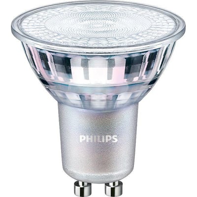 Philips MASTER Value LED-spotpære med GU10-fatning, 355 lm og 3,7 W, vist forfra med klar linse og to ben.