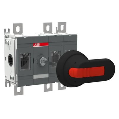ABB 250A lastafbryder, 3-polet, med sort drejegreb med rød detalje, klar til montering.