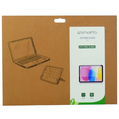 4smarts Second Glass skærmbeskyttelse til iPad 10.9" og 11" i original emballage med tegninger af tablet og laptop.