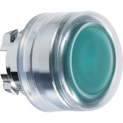 Schneider Electric grønt lampetrykshoved ZB4BW533 med 22mm diameter, vist fra siden med monteringsbeslag.