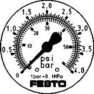 Festo præcisionsmåler FMAP-63-4-1/4-EN, viser tryk i psi og bar på en rund urskive med sort visker.