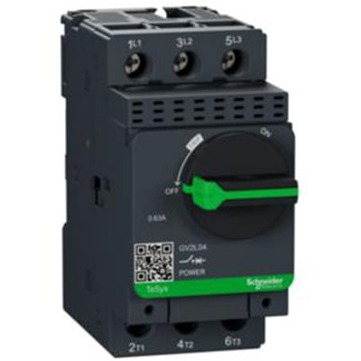 Schneider Electric TeSys GV2L04 kortslutningsudløser, kompakt grå enhed med sort drejeknap og grønt håndtag, viser indstillingsområde 0,63A.