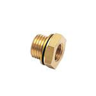 Parker reduktion af messing med udvendig G1/8 BSPP gevind og indvendig M5x0,8 BSPP gevind.