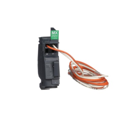Schneider Electric ST MX spole til fjernudkobling i sort plast med mærkat 'MX 250V'. Produktet har et orange og et hvidt kabel til installation.
