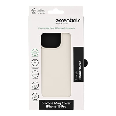Hvidt silikonecover til iPhone 16 Pro i emballage, der viser MagSafe-kompatibilitet.