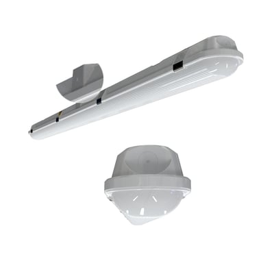 Ansell Lighting Tornado Pro LED armatur, 1565mm, 61W, 4000K, IP65-klassificeret med MWS sensor og nødlys på hvid baggrund.