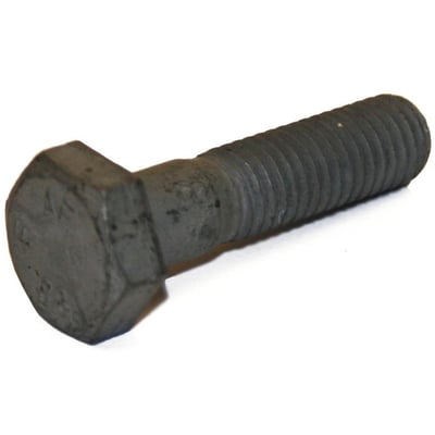 Detaljeret billede af en Jual Solar DIN 931 M12x50mm stålbolt med mørk, varmgalvaniseret overflade.