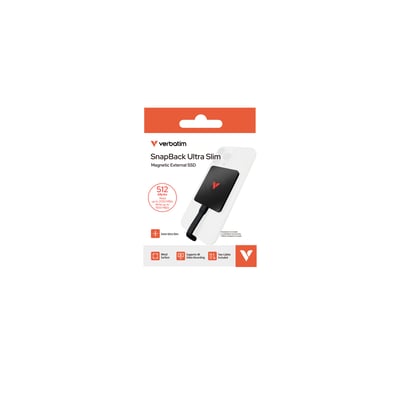 Emballagen til Verbatim SnapBack Ultra Slim ekstern SSD viser den sorte 512 GB-model monteret på en smartphone.