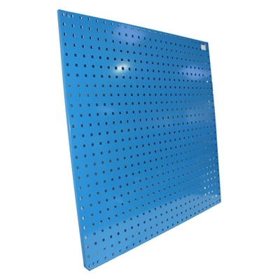 Maskinfabrikken Universal hulplade til værktøjstavle, 880x880mm, i skarp blå RAL5015 med kantbukning og firkantede huller.