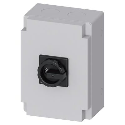 Siemens 3-polet hovedafbryder på 125 A og 45 kW i gråt kabinet med sort drejegreb set forfra.