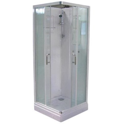 Komplet brusekabine med bagpanel i hvid sanitetsakryl, komplet med shampoohylde og krom brusestang.