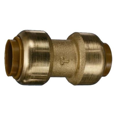 VSH Tectite samlemuffe til 15 mm rør i messingfarvet metal, set fra siden med åbninger i begge ender.