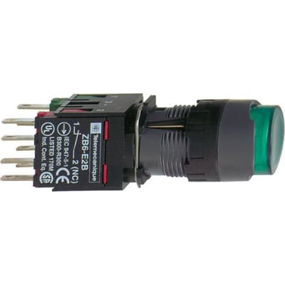 Schneider Electric lampetryk i grøn, Ø16 mm, med synlige kontakter og mærkninger, designet til Harmony style 6.