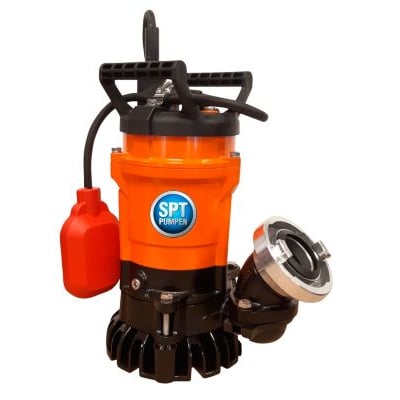 Orange og sort SPT entreprenørpumpe 400 r/ws med en rød svømmer og 2" Storz udgang på hvid baggrund.