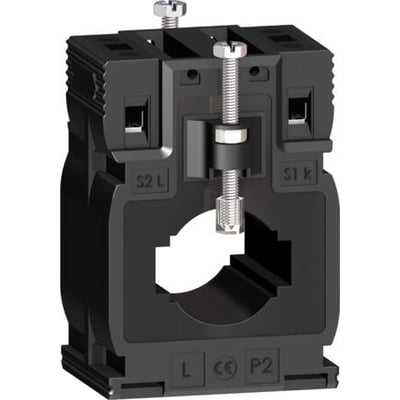 Schneider Electric strømtransformer 150/5A KL1, 7VA i sort plast med tydeligt synlige skruer og mærkninger som S2 L, S1 K og P2.