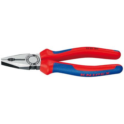 Knipex kombinationstang 180mm med røde og blå greb, vist fra siden på en hvid baggrund.