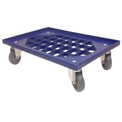 Tente transporttrolley med dimensionerne 605x405x165mm, set fra siden med fokus på de fire drejelige, grå polypropylenhjul.