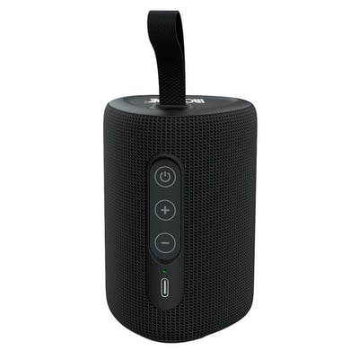 Sort Ironside Mini Bluetooth-højtaler på 6 W set forfra med betjeningsknapper, ladeport og bærestrop.