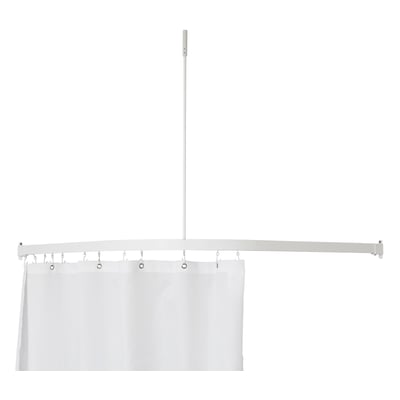 Hvid Van Der P Profil5001 badeforhængsstang, 90x90 cm, monteret med hvidt badeforhæng og loftstøtte.