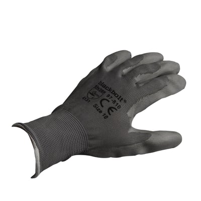 Blackbolt strikhandske Microtech 810-8 i størrelse 10 med grå ribkrave og polyurethan belægning i håndflade og fingre.