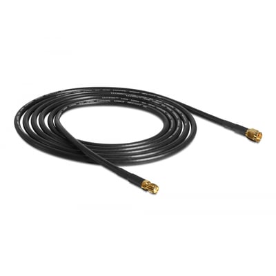 DeLock antennekabel CFD/RF200 på 2 meter med lavt tab, sort kabel og SMA-hanstik og SMA-hunbøsning.