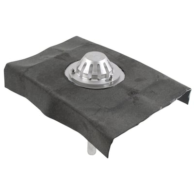 Blücher tagafløb med ø40mm lodret udløb og formonteret tagpapkrave, fremstillet i rustfrit stål.