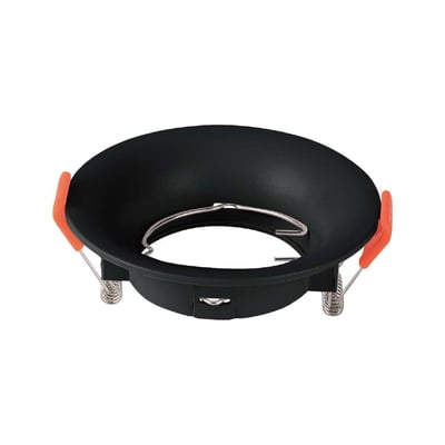 V-Tac Pro GU10 lampefatning, sort og rund, fremstillet af holdbart PC-materiale med orange monteringsklips.