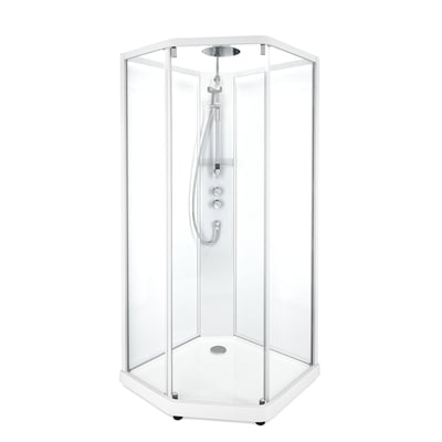 Contura Shower Showerama 10-5 comfort brusekabine, femkantet, 90x80 cm, med hvid profil og klart glas samt integreret brusearmatur.
