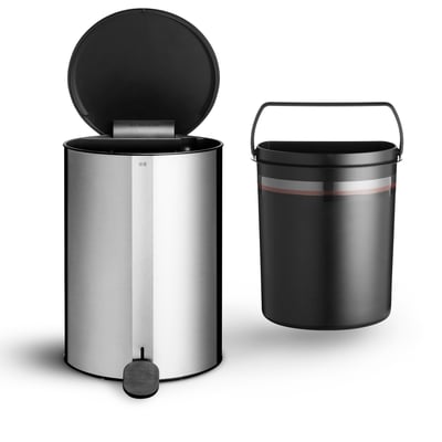 Unidrain Reframe pedalspand i børstet stål med sort indre spand og låg åbent. Viser detaljeret design og tilbehør.